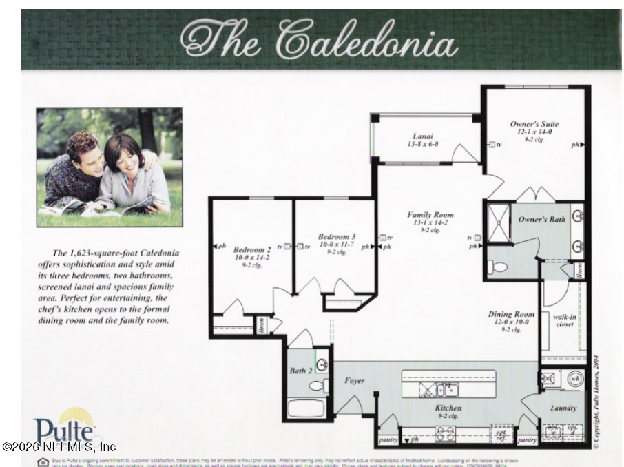 The Caledonia floor plan, with three bedrooms, two bathrooms, a screened lanai, family room, dining room, and kitchen.