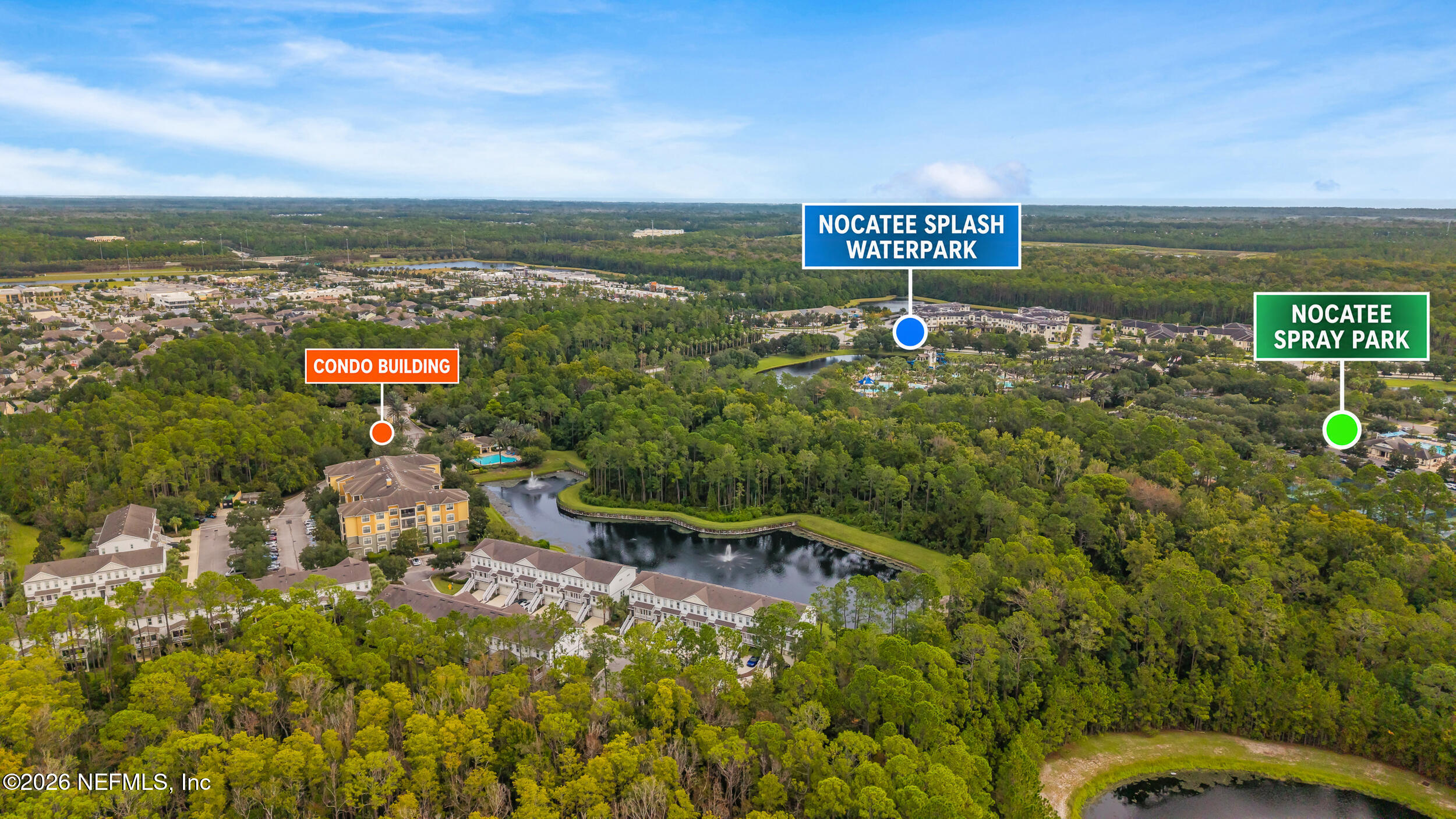 Aerial map marking the condo building, Nocatee Splash Waterpark, and Nocatee Spray Park.