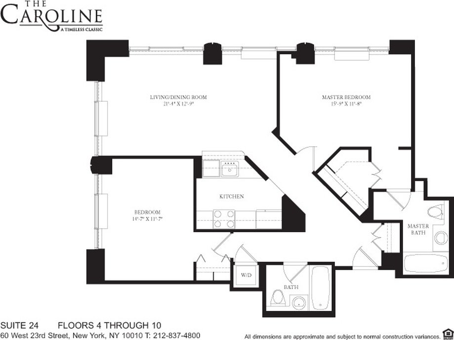 Floor plan for Suite 24 at The Caroline, with two bedrooms, two bathrooms, and a living/dining room.