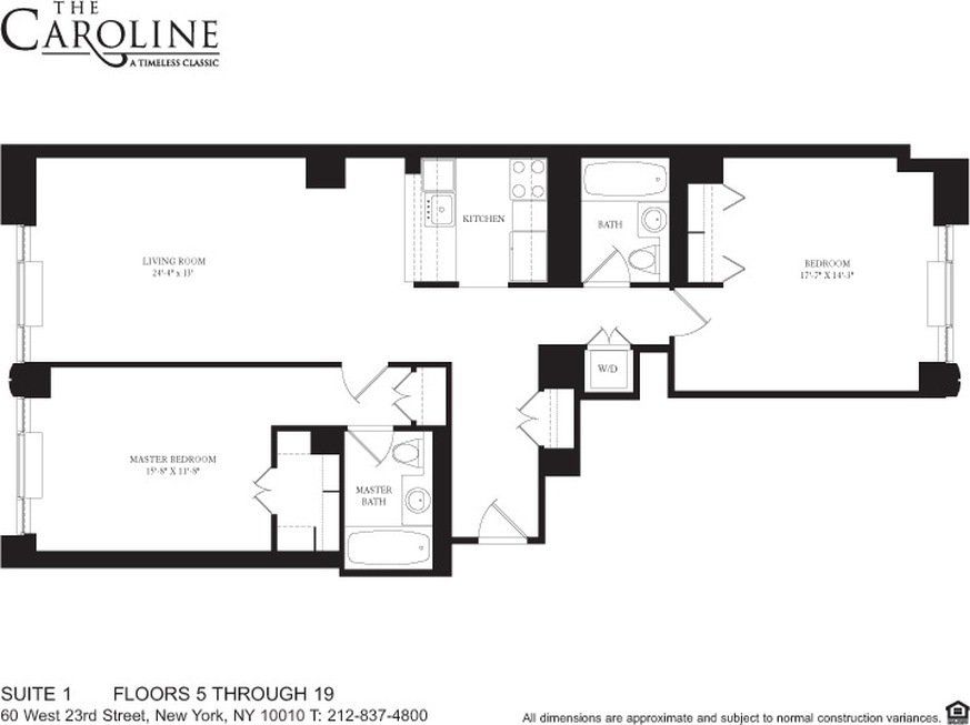Two-bedroom Suite 1 floor plan for floors 5 through 19 at 60 West 23rd Street.