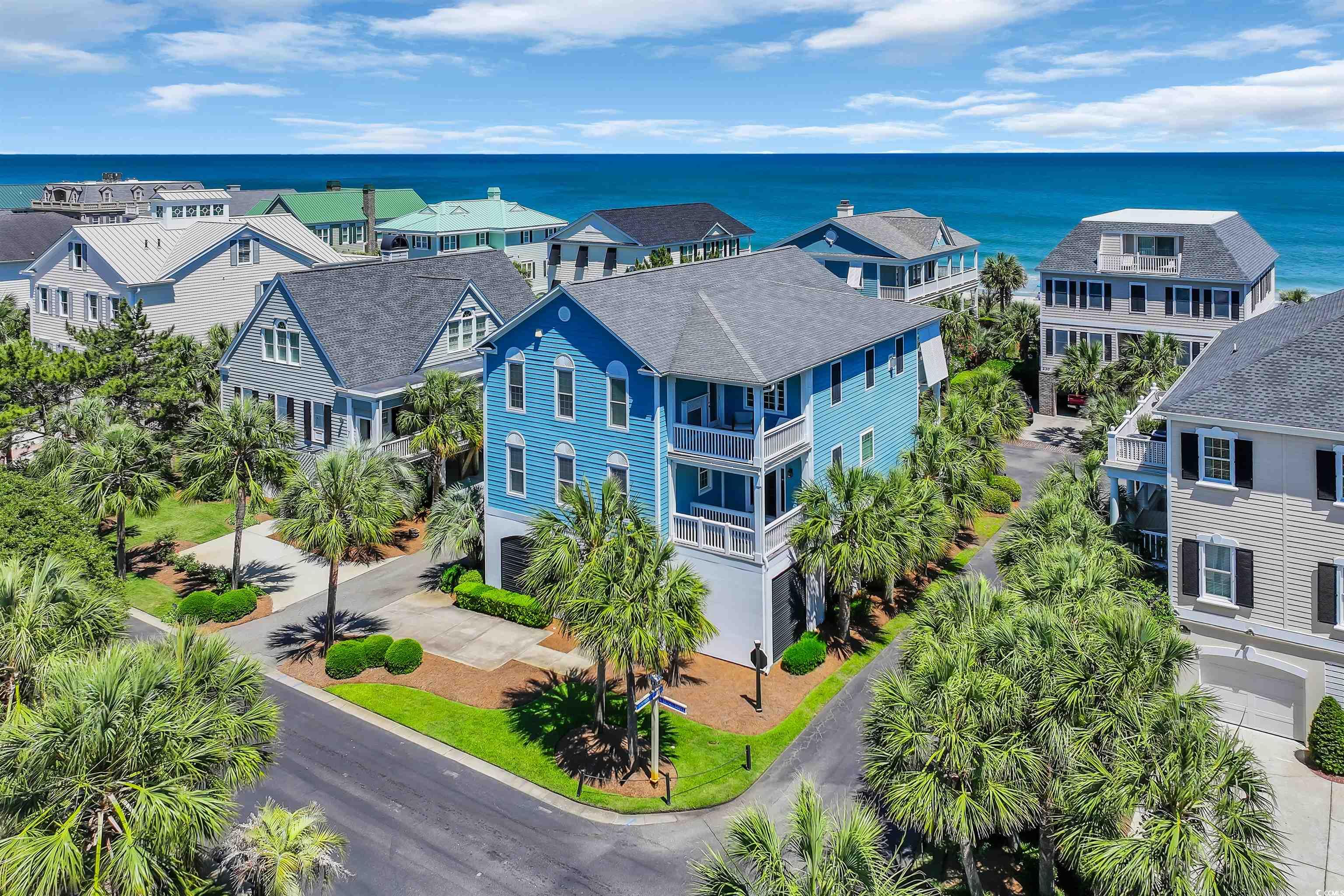 Coastal homes with a blue, white-trimmed house centered among palm trees beside the ocean.