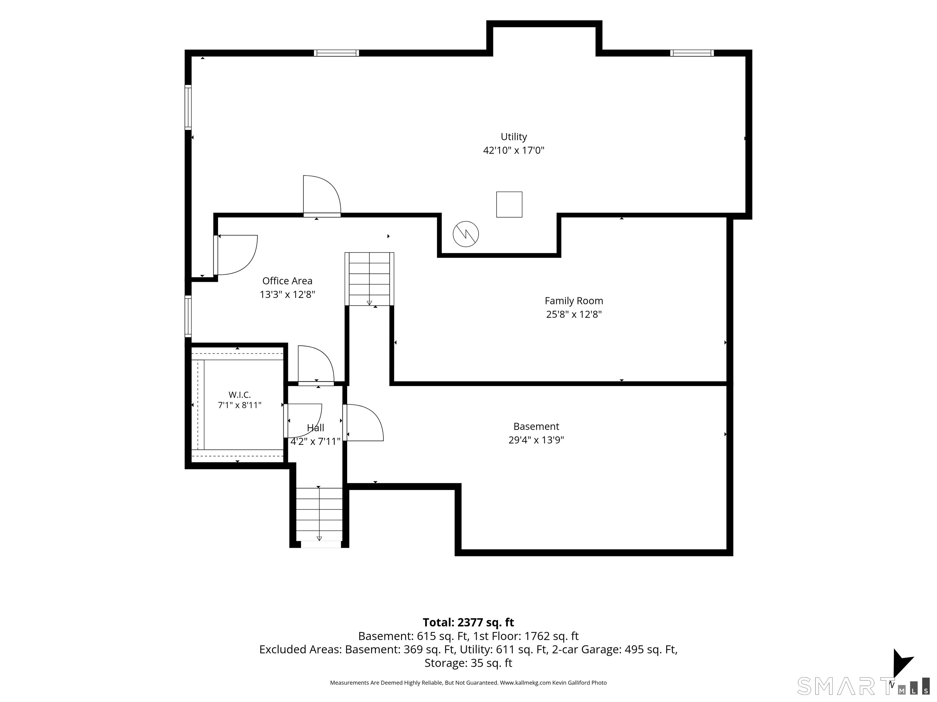 Basement floor plan showing utility room, office area, family room, walk-in closet, hall, and basement.