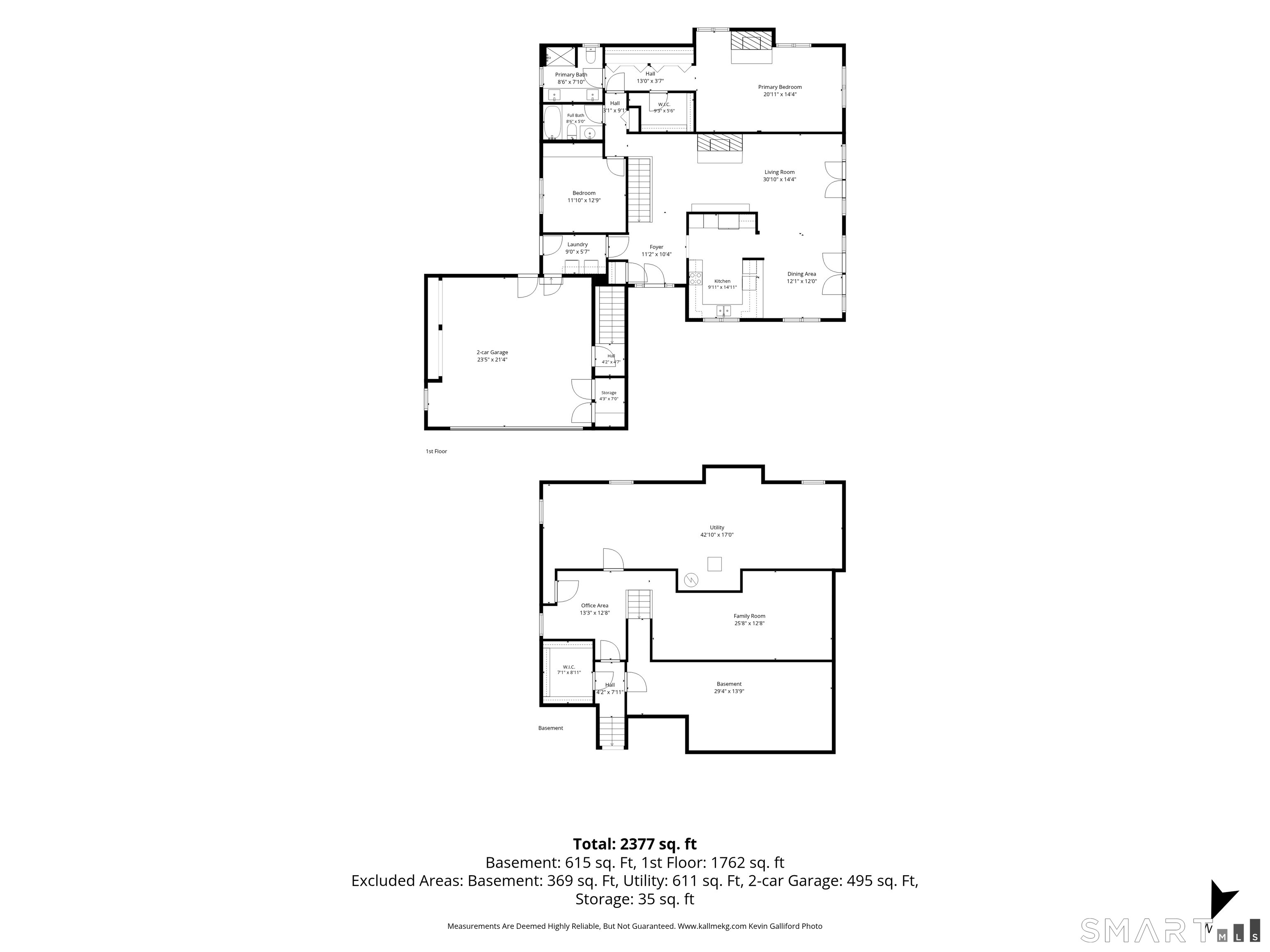 Floor plans showing the first floor and basement, labeled rooms, dimensions, and a total of 2,377 square feet.