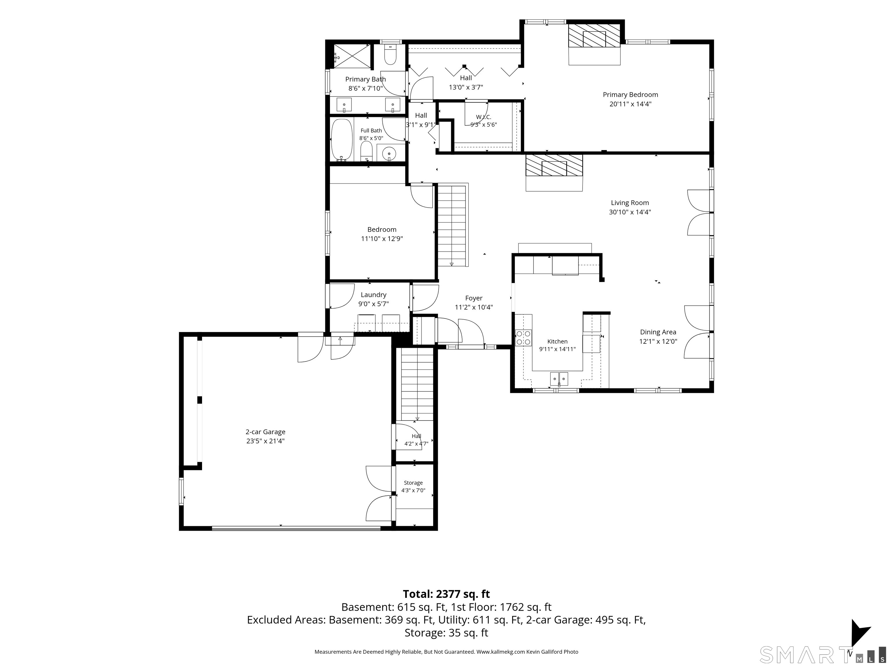 Floor plan showing a two-bedroom layout with a large living room, kitchen, dining area, and two-car garage.