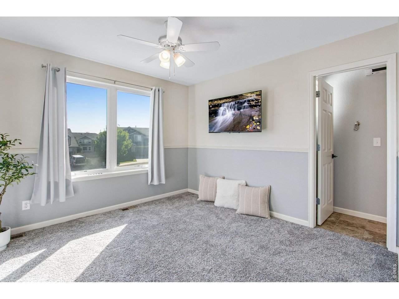 Carpeted bedroom with large curtained windows, ceiling fan, and sunlight across the floor.