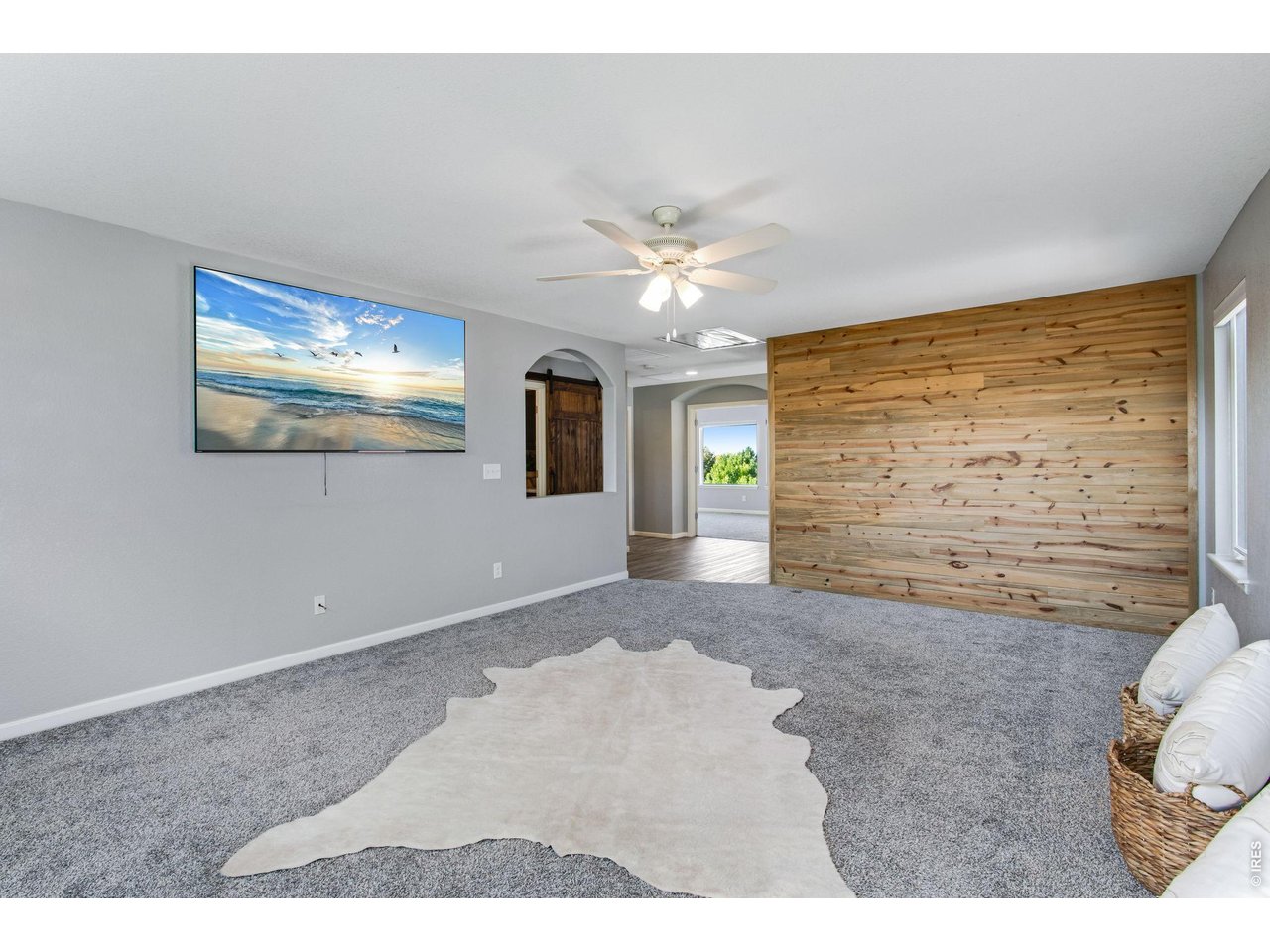 Carpeted living room with a wood-plank accent wall, ceiling fan, and white hide-shaped rug.