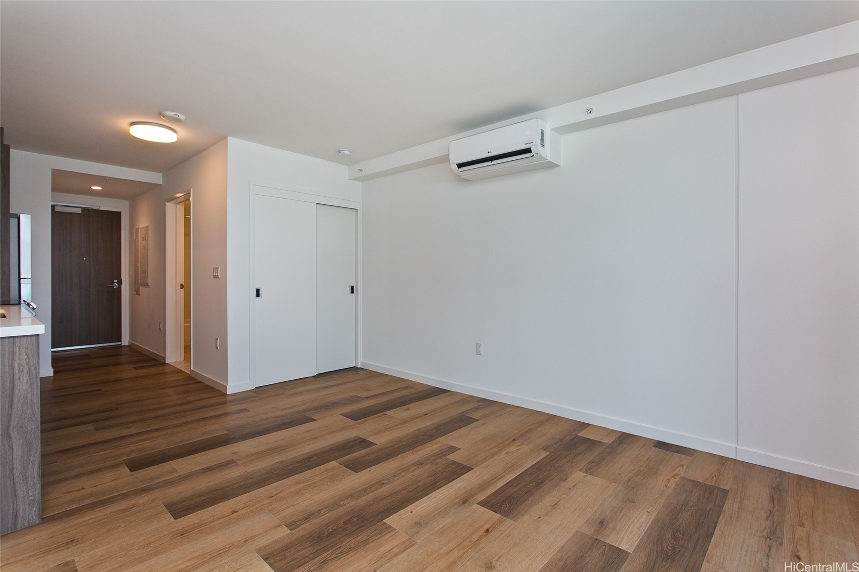 Empty apartment living area with wood-look flooring, a sliding closet, and wall-mounted air conditioner.
