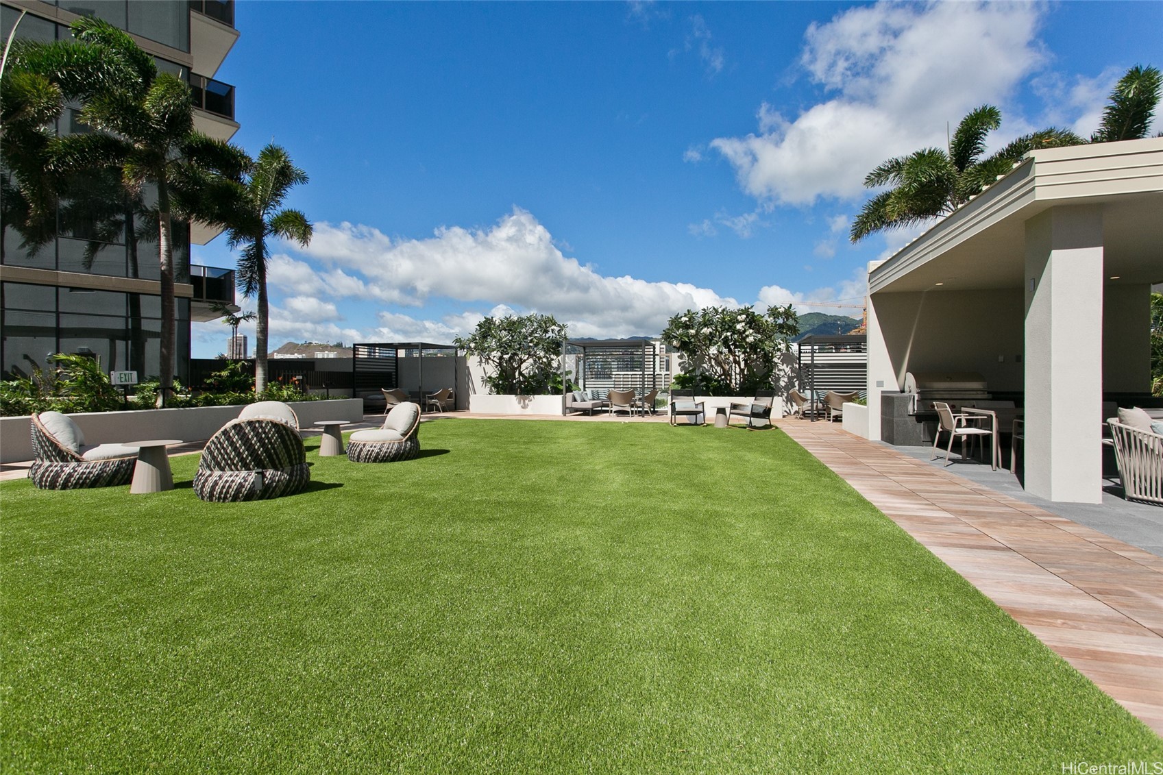 Rooftop terrace with a green lawn, lounge seating, tropical landscaping, and a covered pavilion.