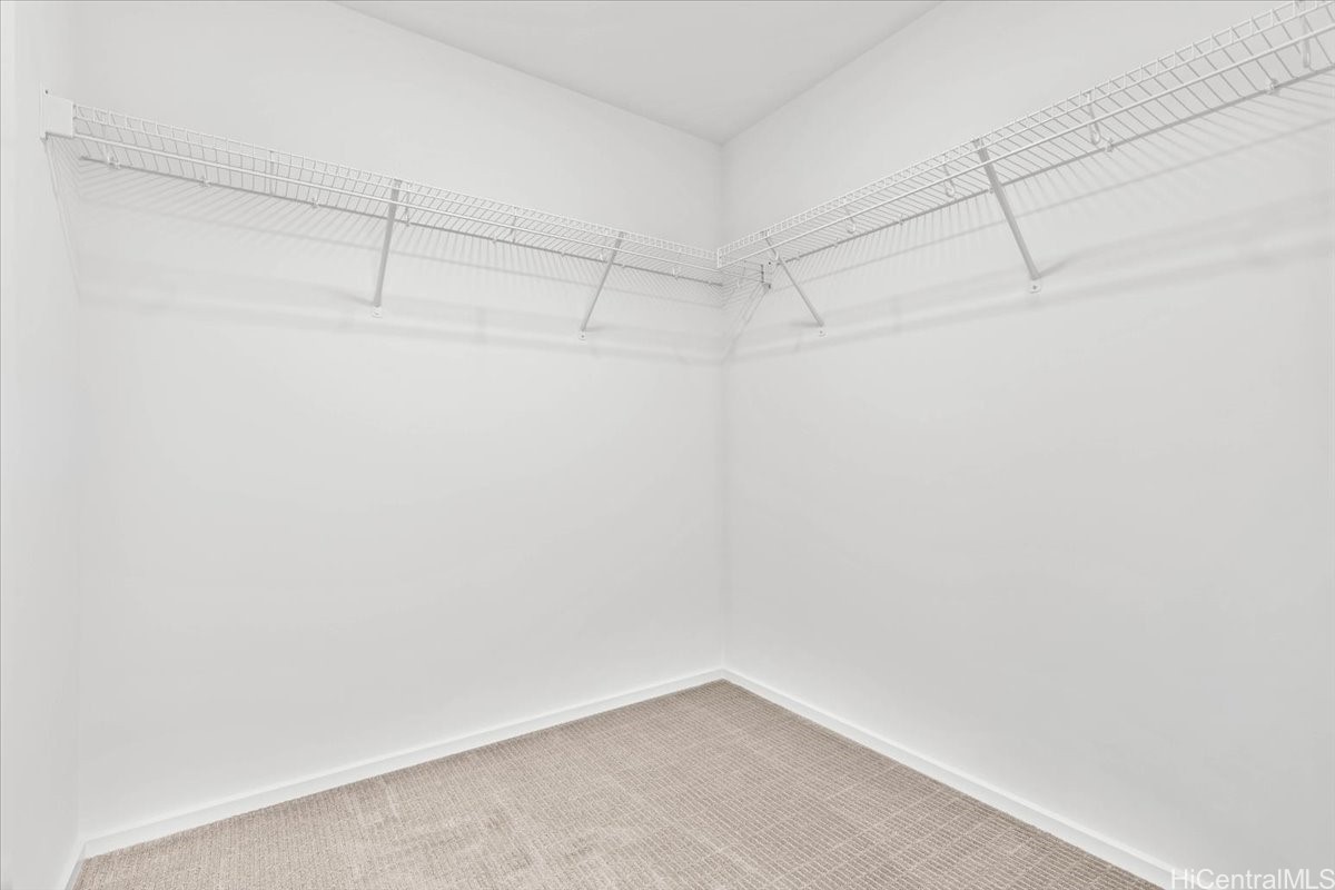 Walk-in closet with white wire shelving and beige carpet.