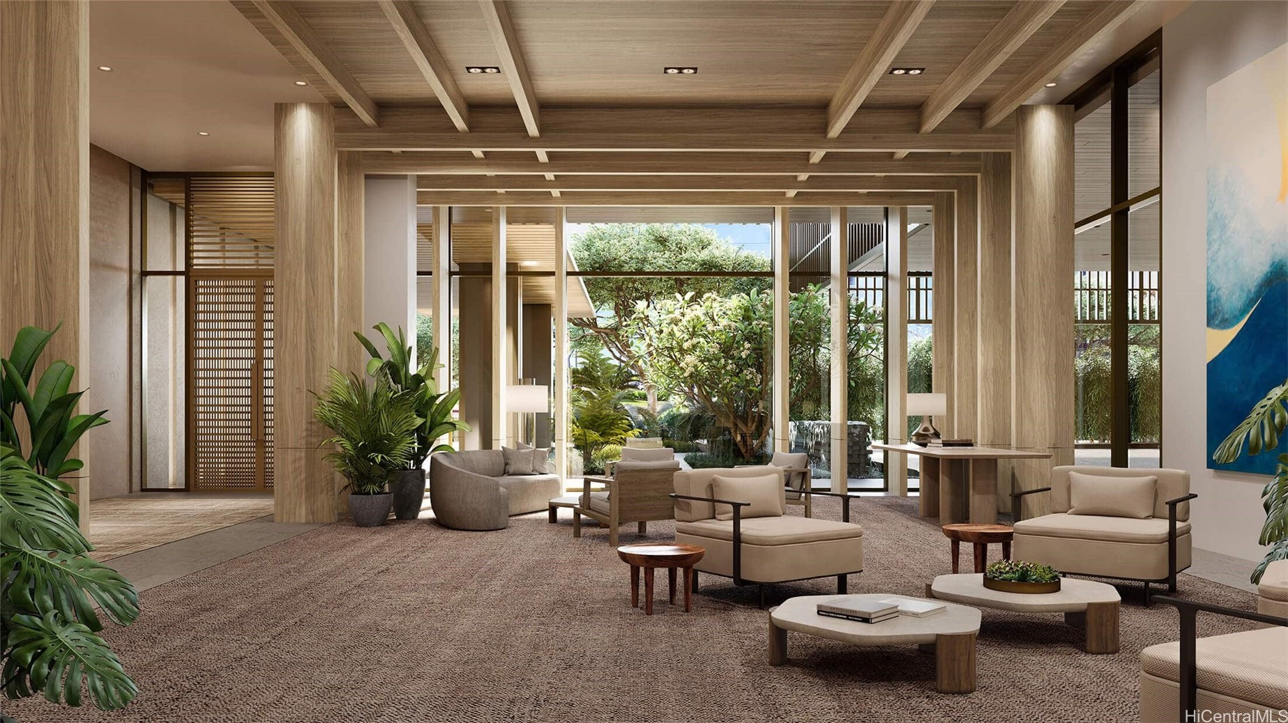 Furnished lobby with wood-beamed ceiling, lounge seating, and garden views through floor-to-ceiling windows.