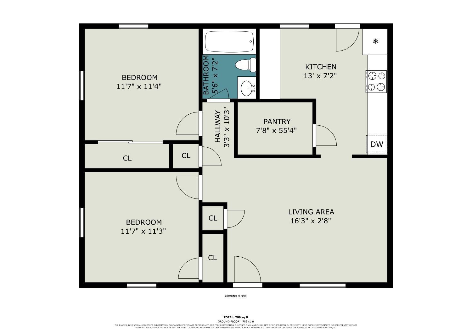 Ground-floor plan showing two bedrooms, one bathroom, kitchen, pantry, and living area.