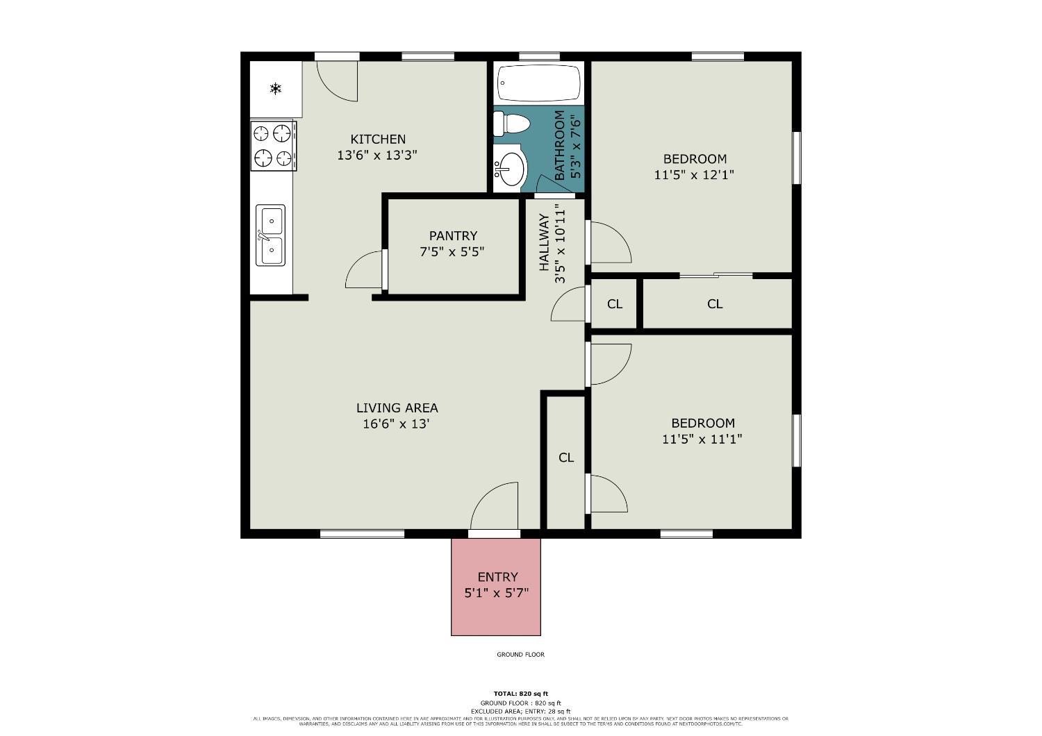 Ground-floor plan with two bedrooms, a living area, kitchen, pantry, bathroom, and room dimensions.