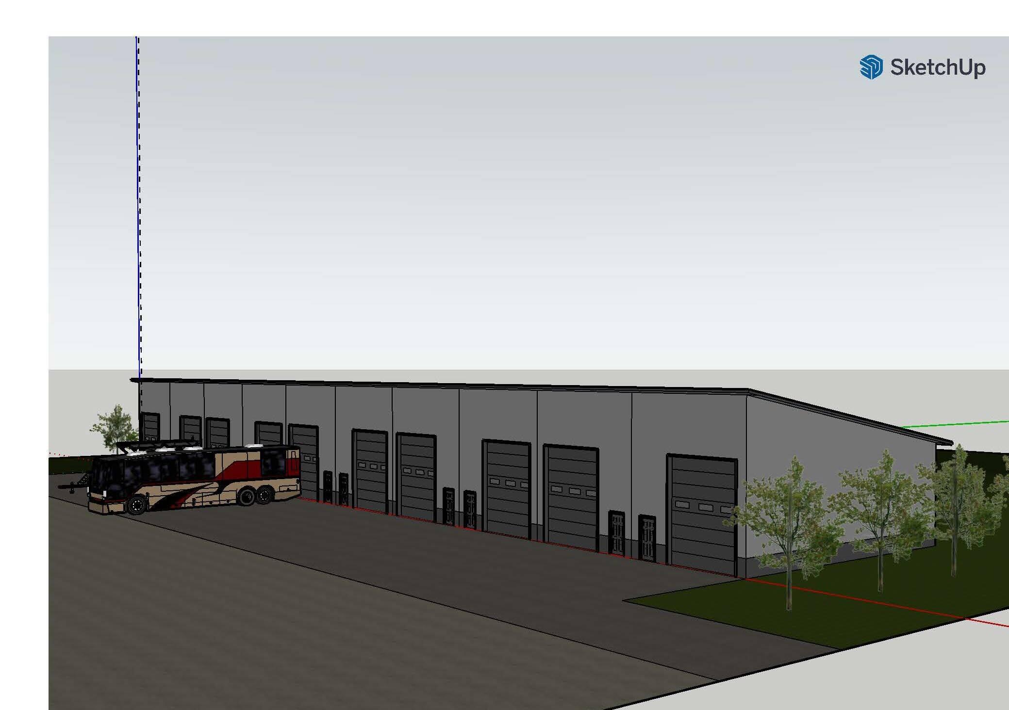 SketchUp model of a long commercial garage with multiple bay doors, a parked coach bus, and landscaped grounds.