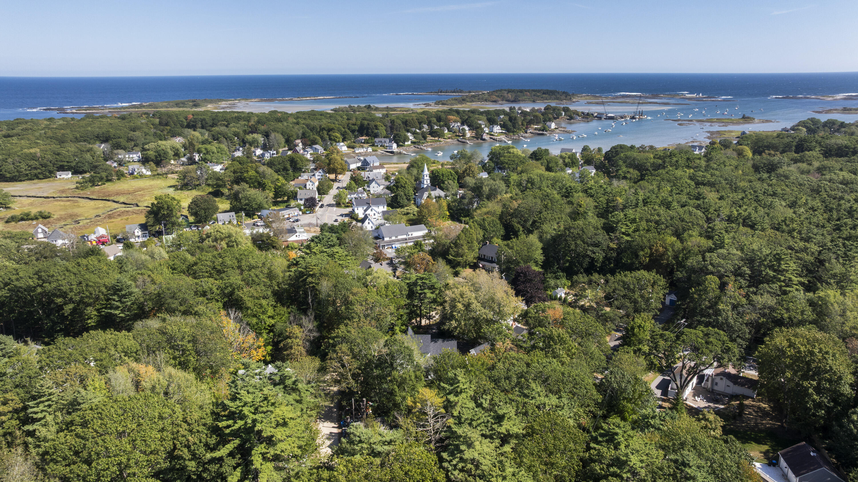 Aerial view of a coastal village, harbor, boats, and wooded shoreline.