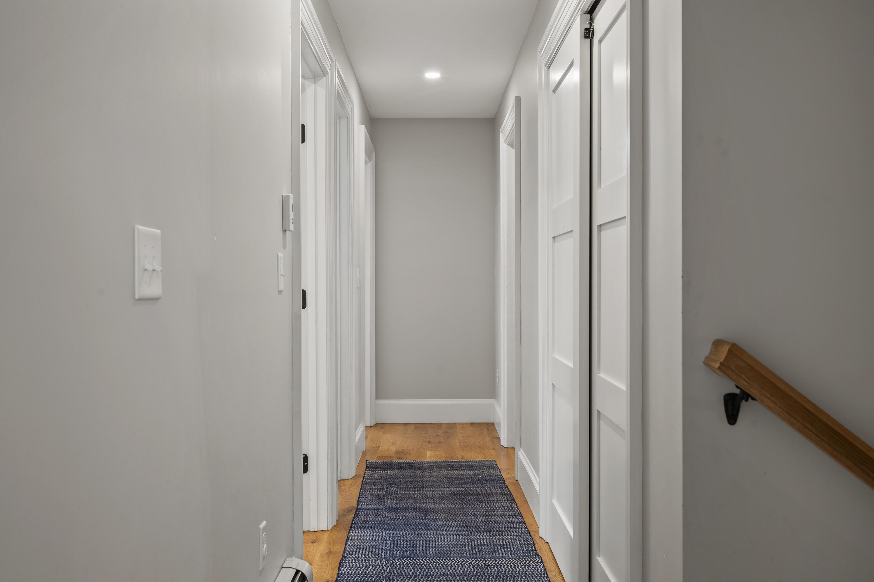 Hallway with white paneled doors, a navy runner, and warm wood flooring.