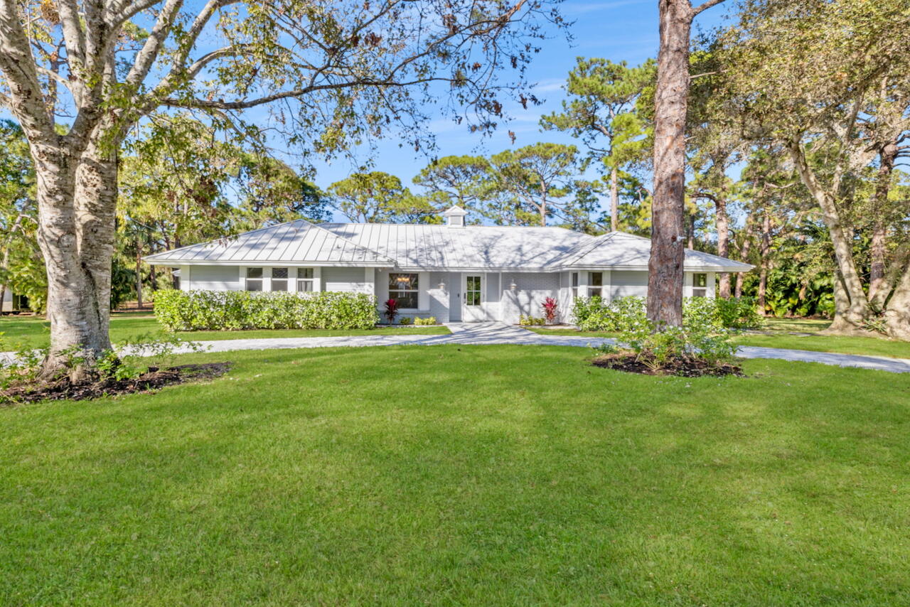 Single-story home with a pale metal roof, front hedges, and a broad lawn framed by mature trees.