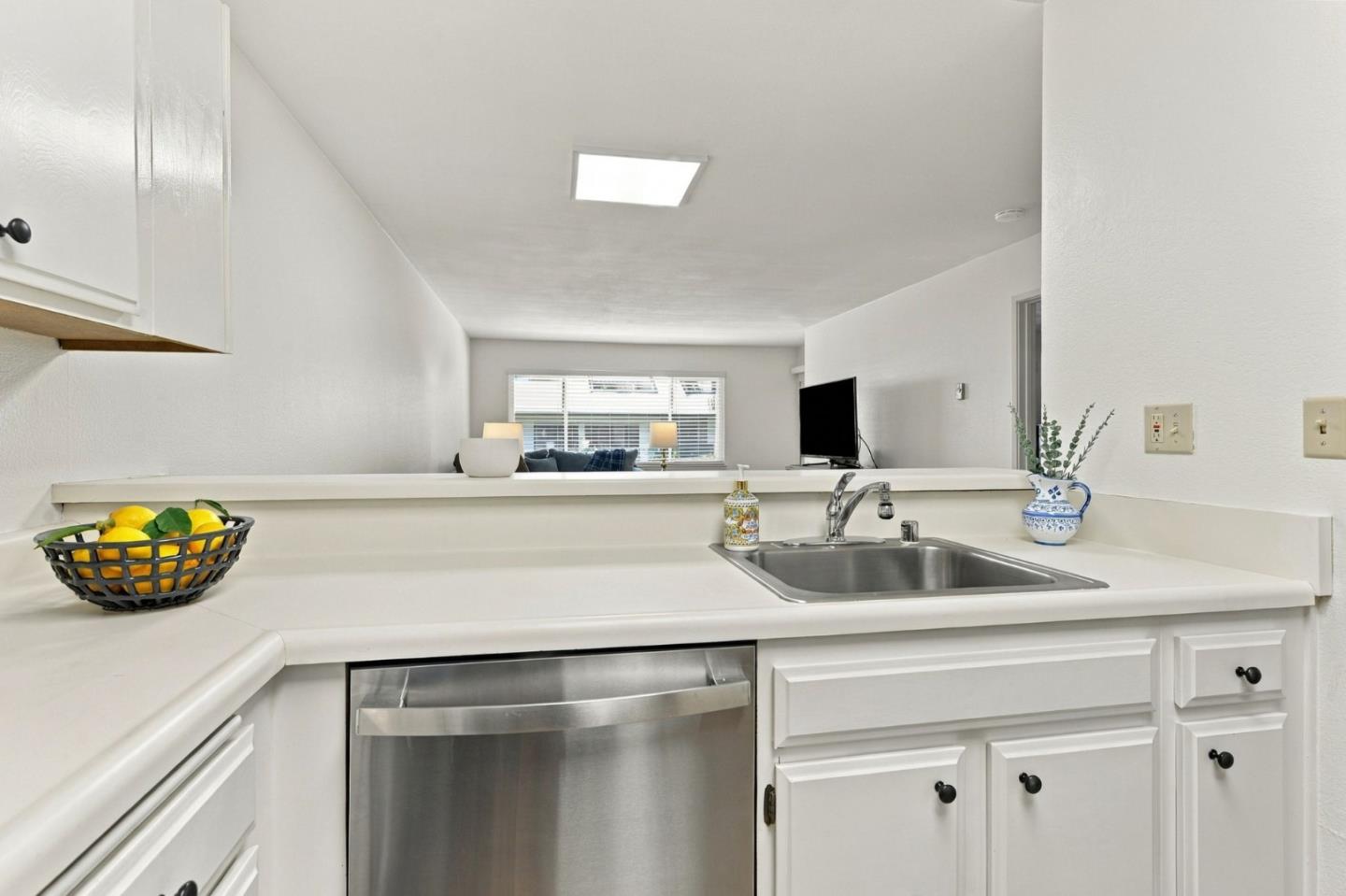 White kitchen with stainless-steel sink and dishwasher, looking through a pass-through to the living area.