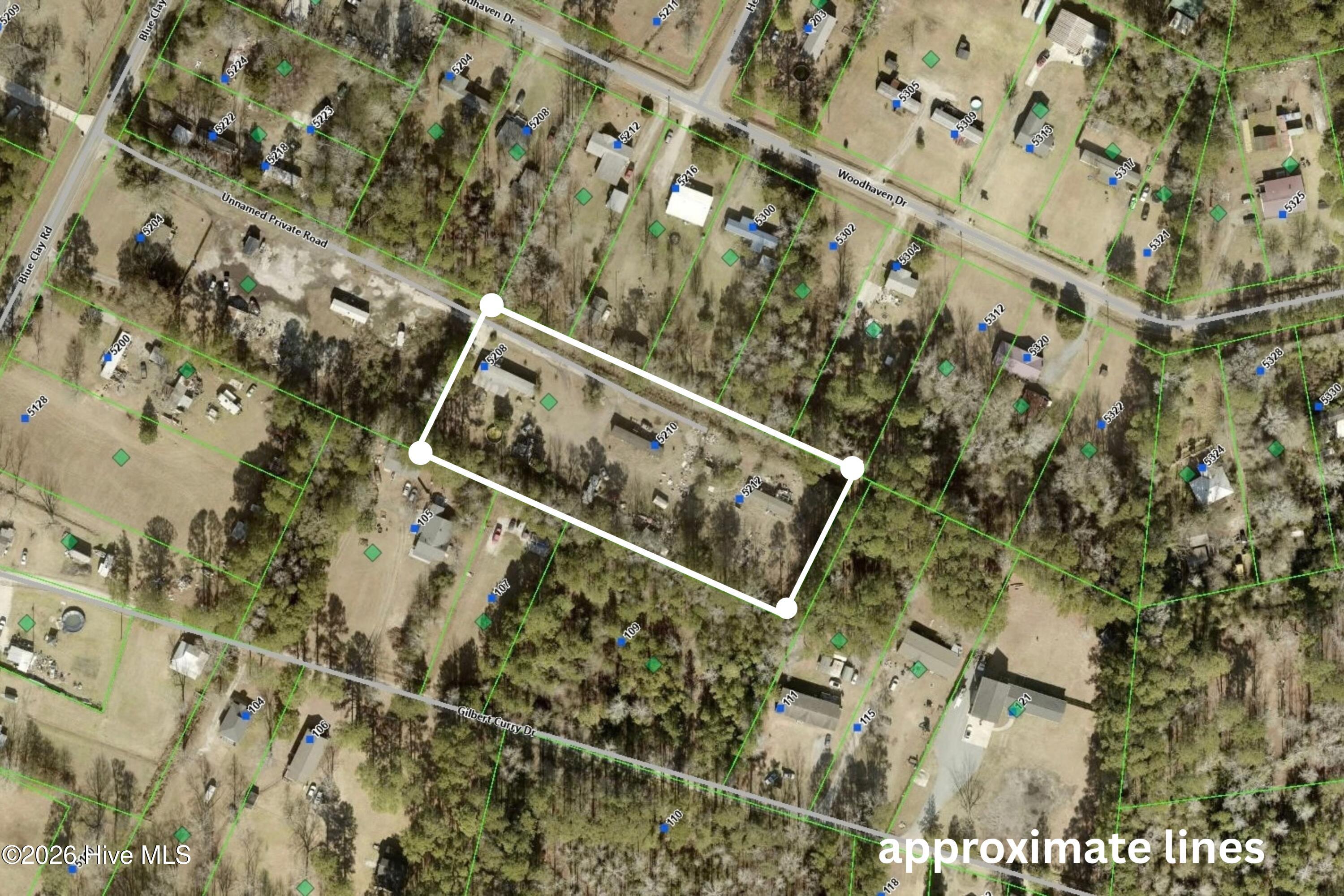 Aerial view of a wooded residential parcel outlined in white, with nearby homes and green lot boundaries.