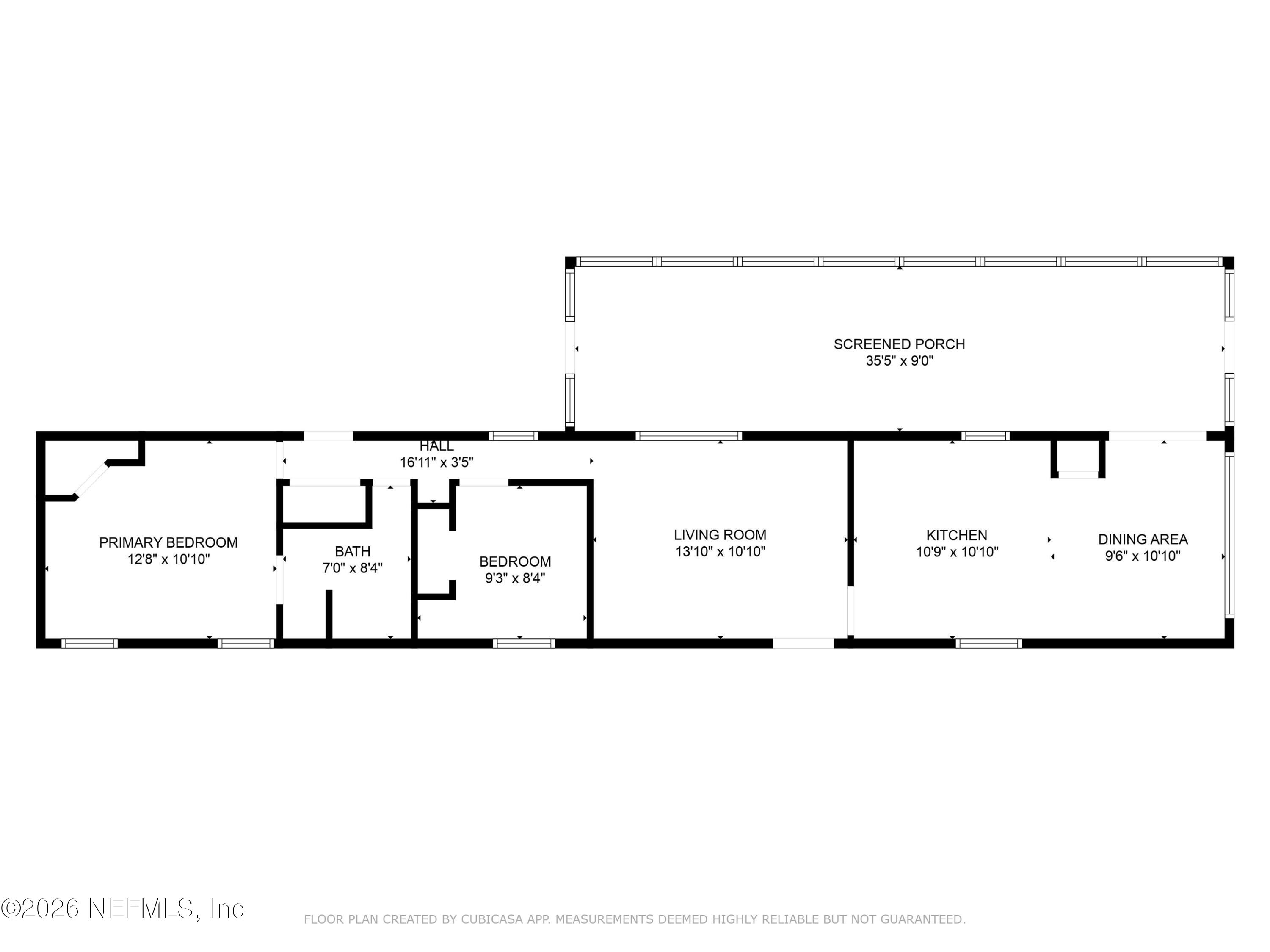 Floor plan with two bedrooms, living and dining areas, kitchen, bath, and a large screened porch.