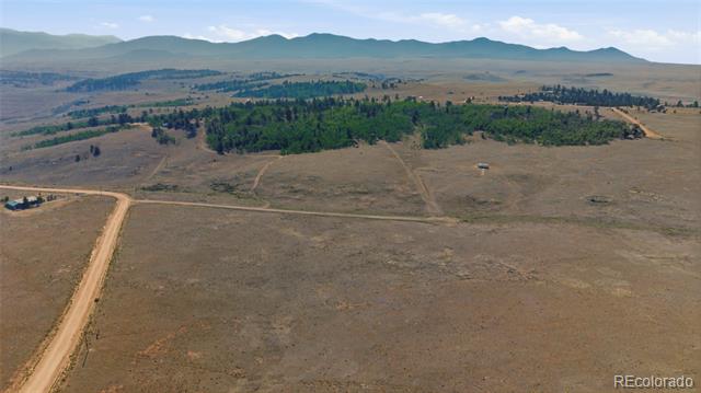 Aerial view of open rural land with a dirt road, tree stand, and distant mountains.