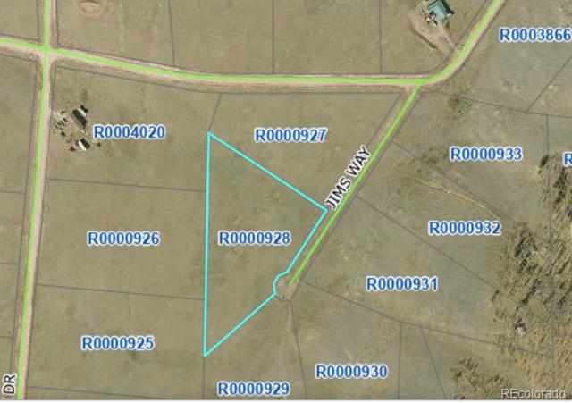 Aerial parcel map outlining a vacant lot beside Jims Way.