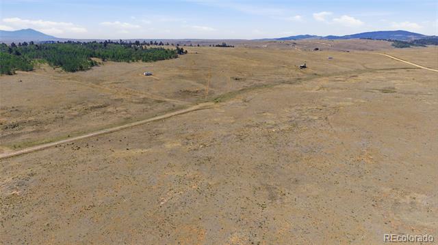 Aerial view of undeveloped grassland crossed by a dirt road, with trees and distant hills.