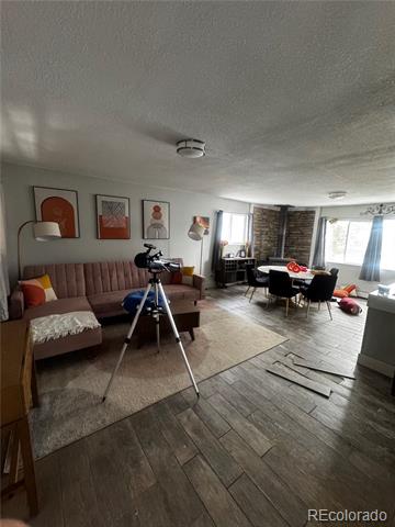 Living room with mauve sofa, patterned rug, and adjoining dining area beside large windows.