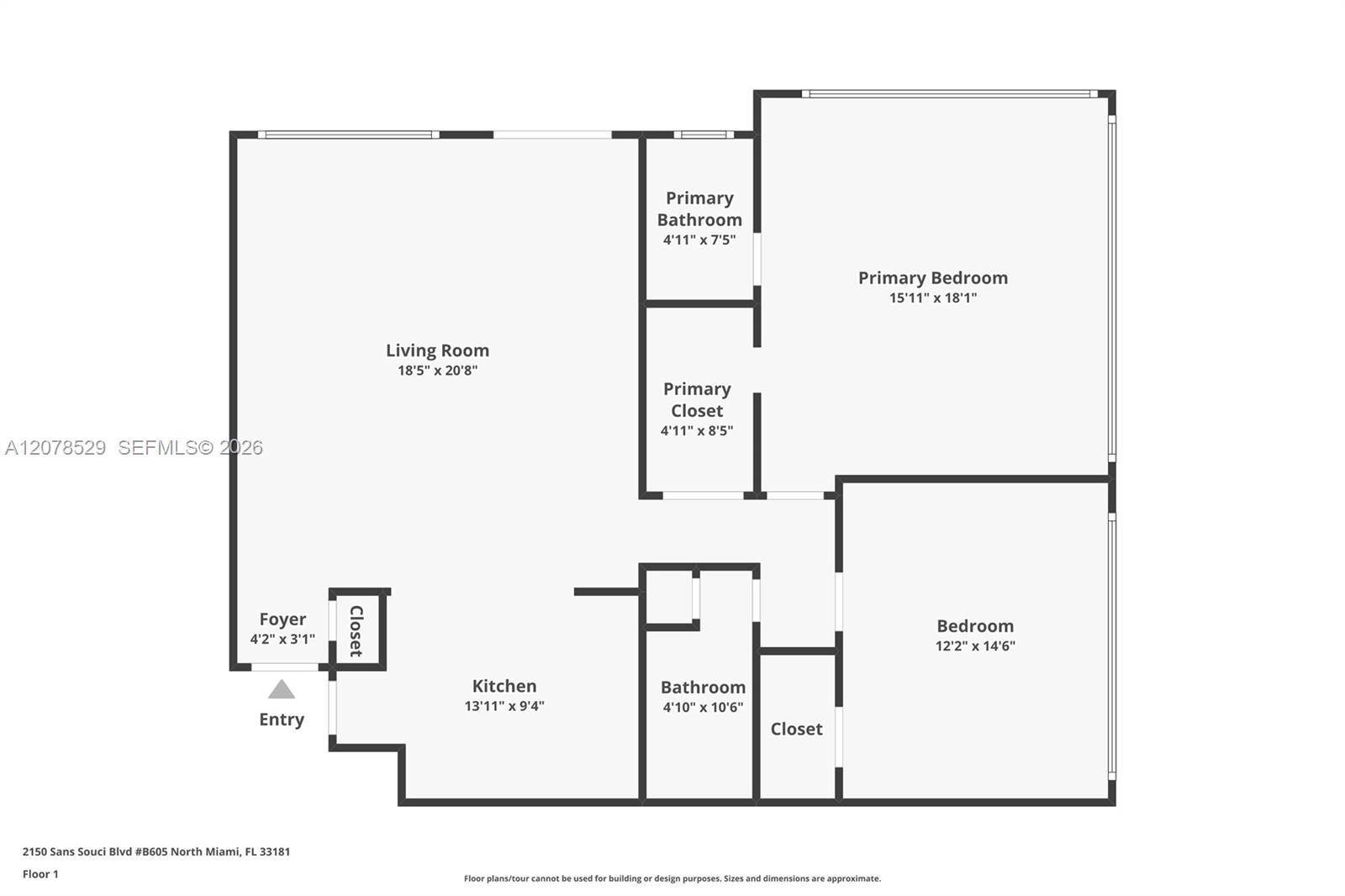 Floor plan showing two bedrooms, two bathrooms, a living room, kitchen, foyer, and closets.