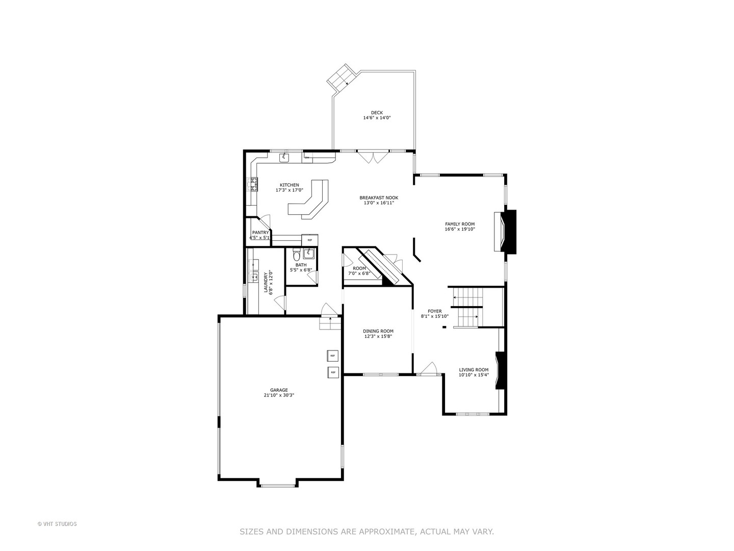 First-floor home floor plan with room labels, dimensions, garage, and deck.