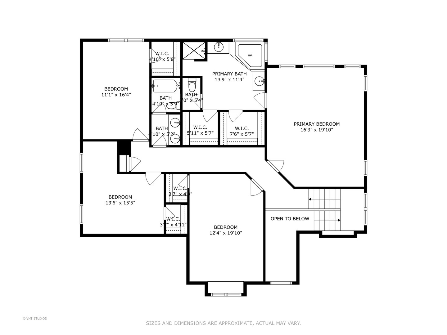 Second-floor floor plan with a primary suite, three additional bedrooms, and stairs opening to below.