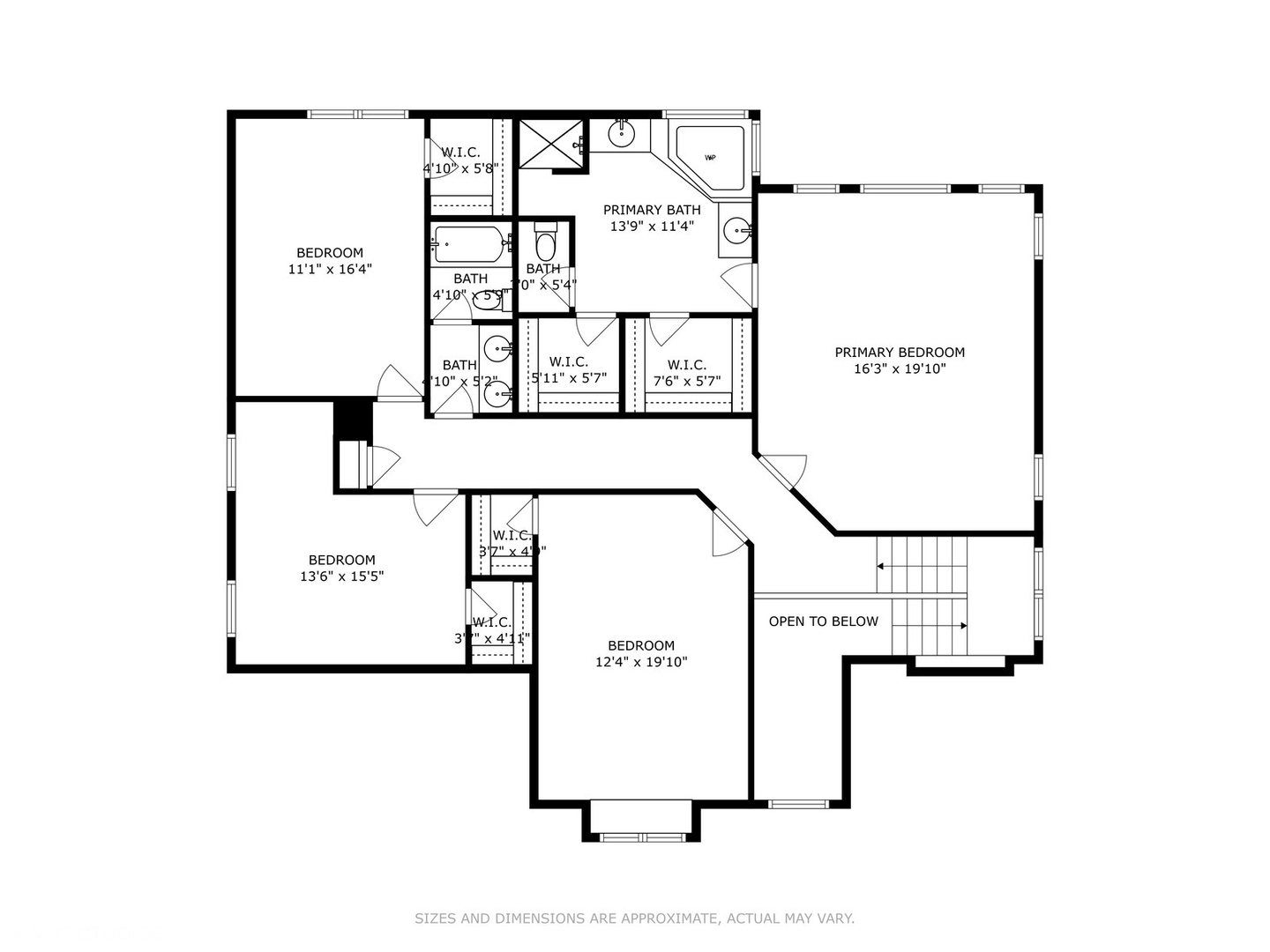 Floor plan showing four bedrooms, bathrooms, walk-in closets, and a stairwell open to below.