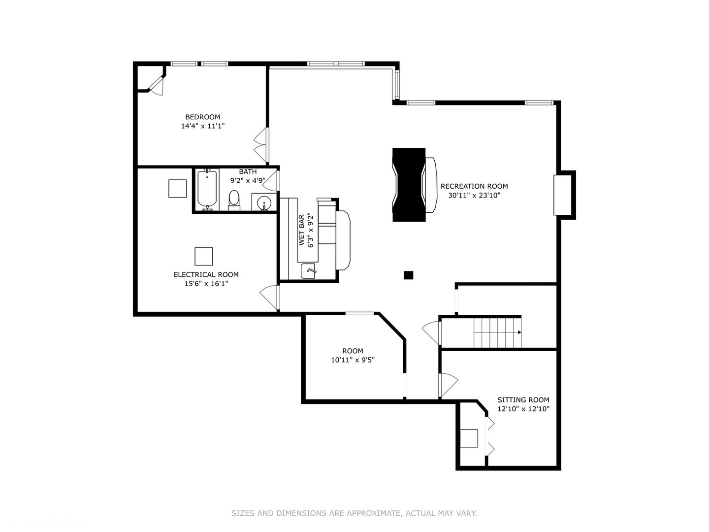 Floor plan showing a large recreation room, wet bar, bedroom, bath, and sitting room.