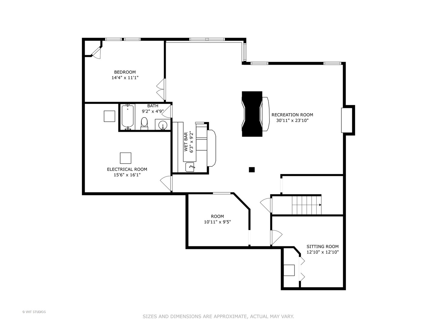 Lower-level floor plan showing a large recreation room, bedroom, sitting room, bath, wet bar, and electrical room.