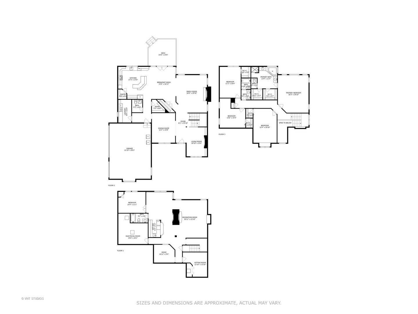 Three-level home floor plan with a deck, garage, multiple bedrooms, and a lower-level recreation room.