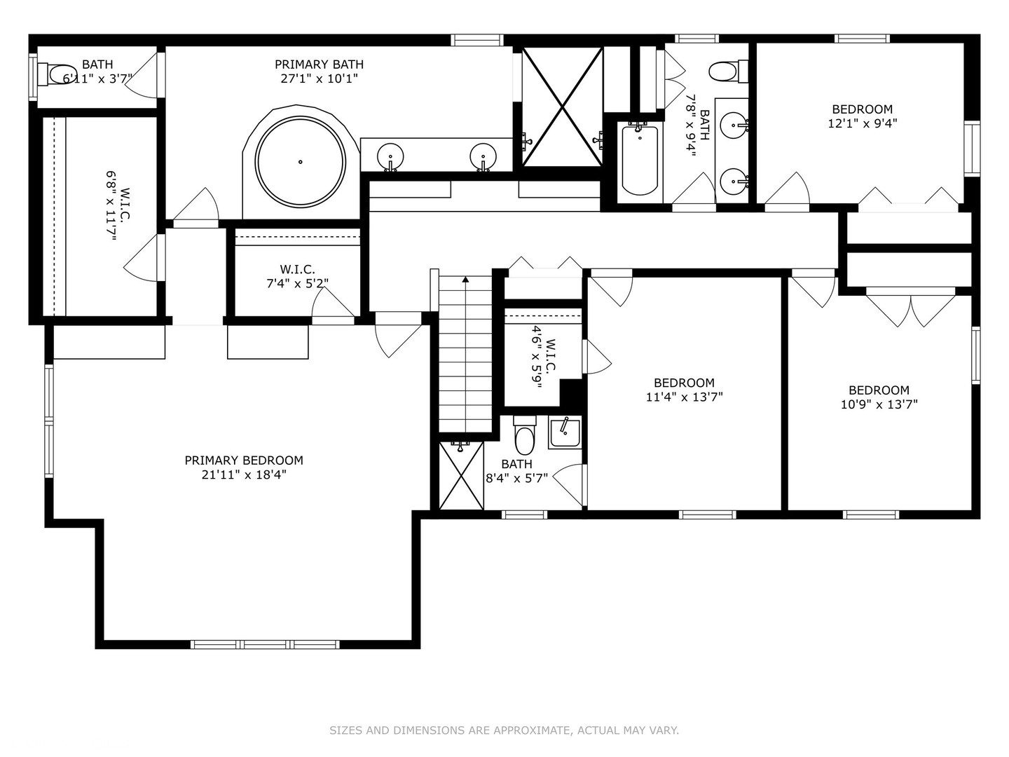Second-floor plan with a primary suite, three bedrooms, bathrooms, closets, and staircase.