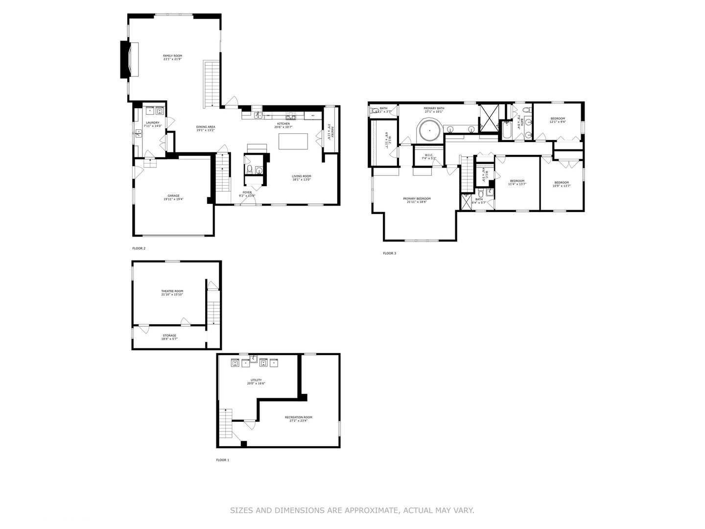 Three-level floor plan showing the home’s room layouts, including a theatre room and recreation room.