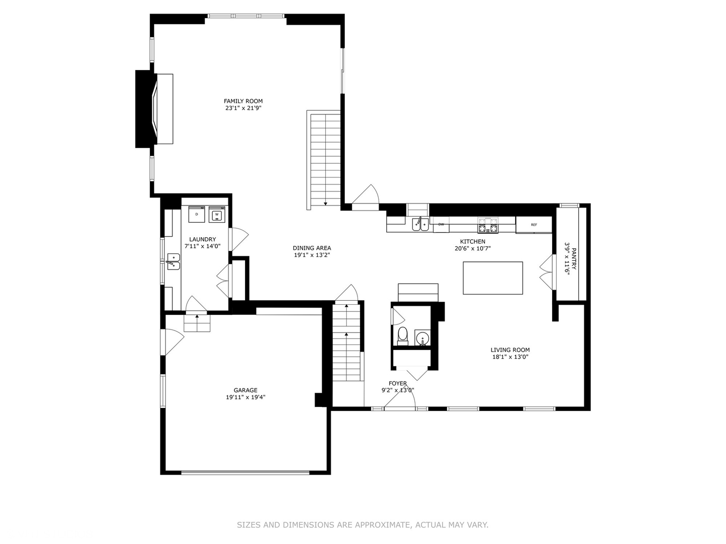 Main-level floor plan with family room, kitchen, living and dining areas, laundry, pantry, and garage.
