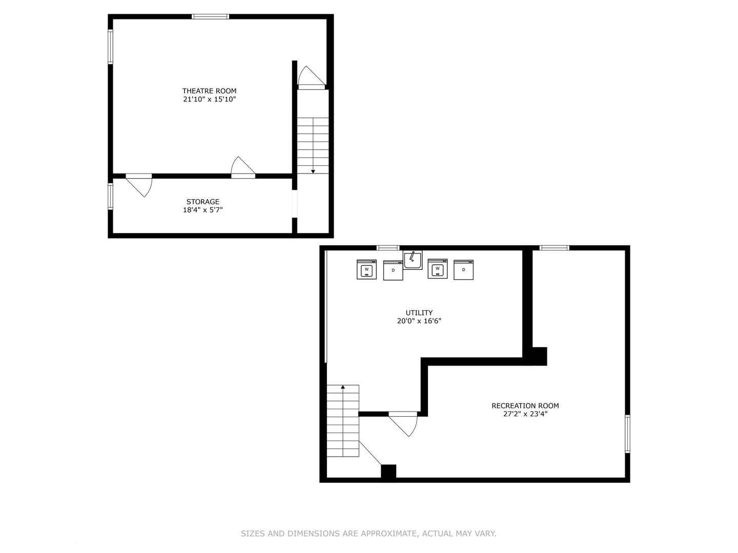 Basement floor plan with theatre, storage, utility, and recreation rooms labeled.
