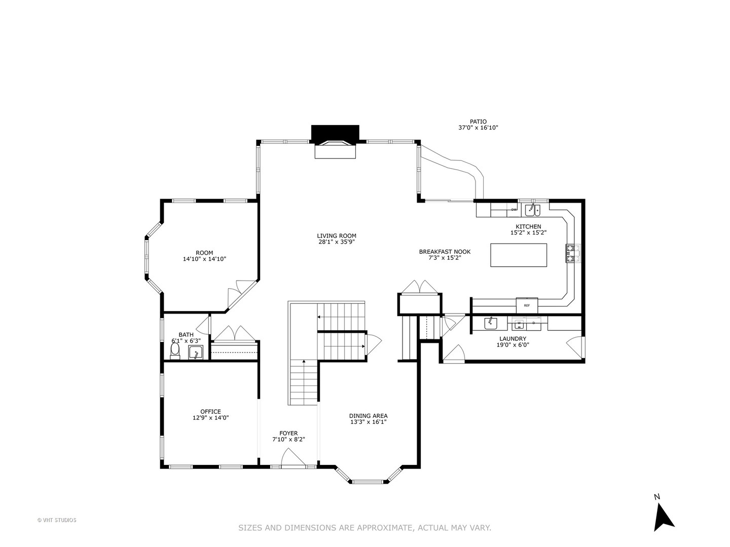 First-floor plan with living room, kitchen, dining area, office, laundry, bath, and patio.