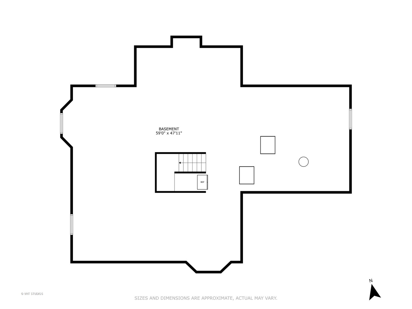 Basement floor plan with stairs, windows, and overall dimensions of 59 feet by 47 feet 11 inches.
