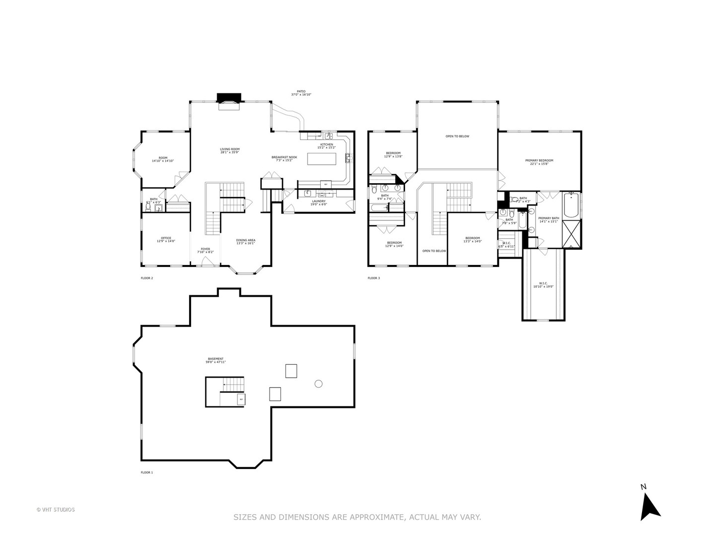 Floor plan showing the basement, second floor, and third floor with labeled rooms.