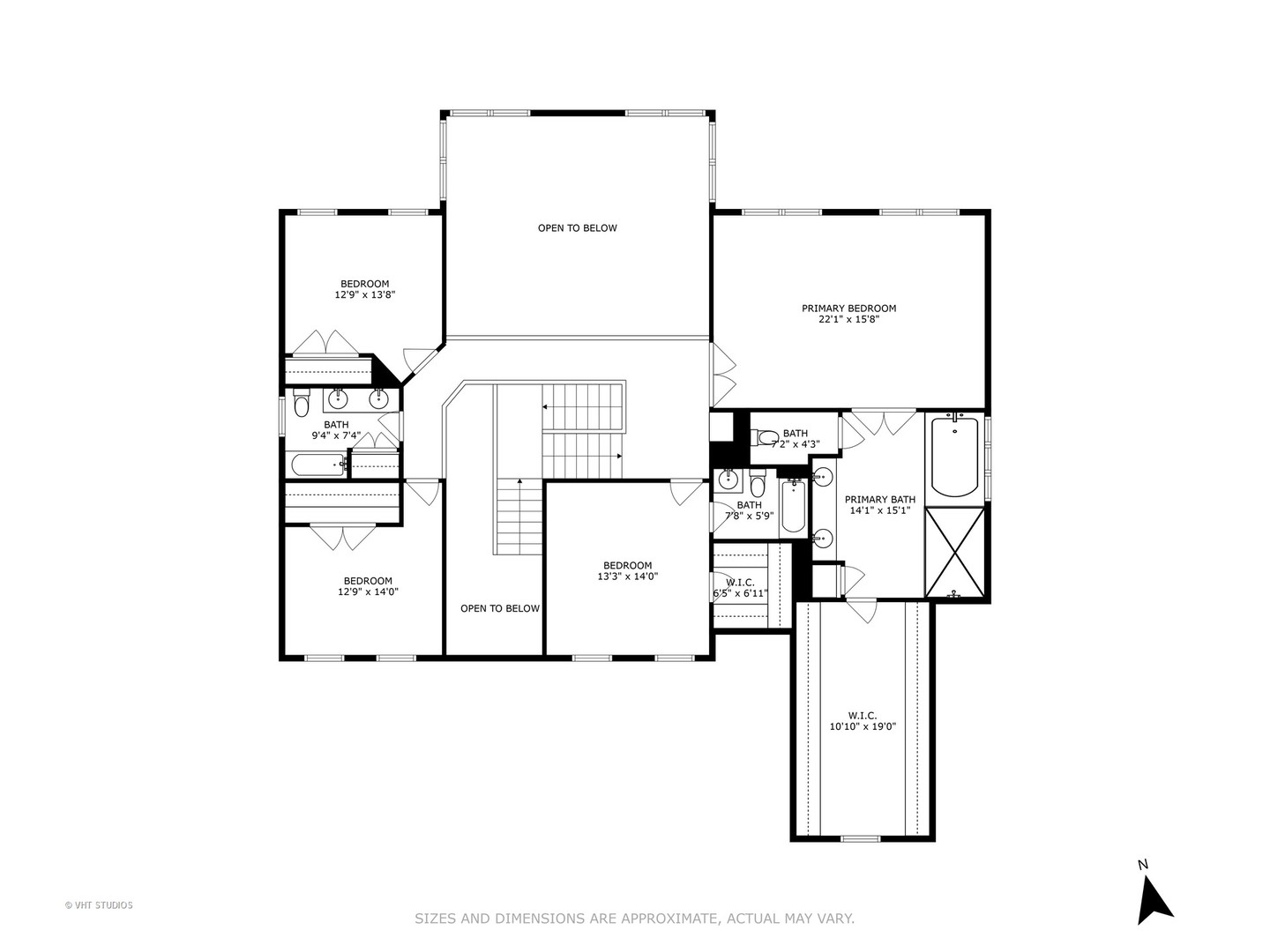 Upper-level floor plan with three bedrooms, a primary suite, bathrooms, walk-in closets, stairs, and open-to-below areas.