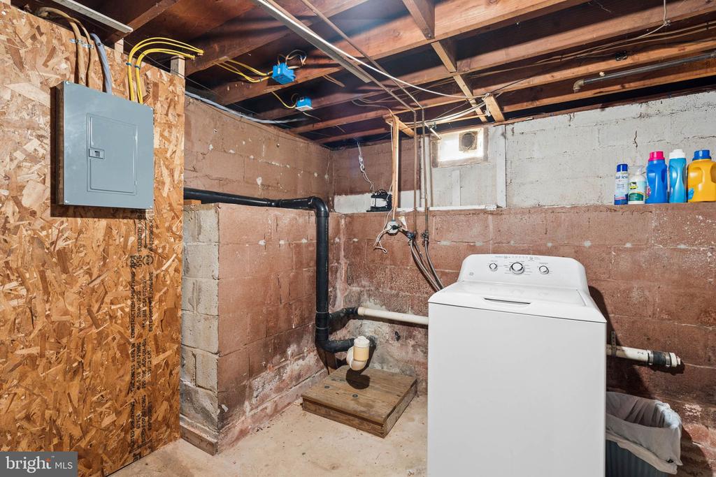 Unfinished basement laundry area with a top-loading washer, exposed wiring, and a wall-mounted electrical panel.