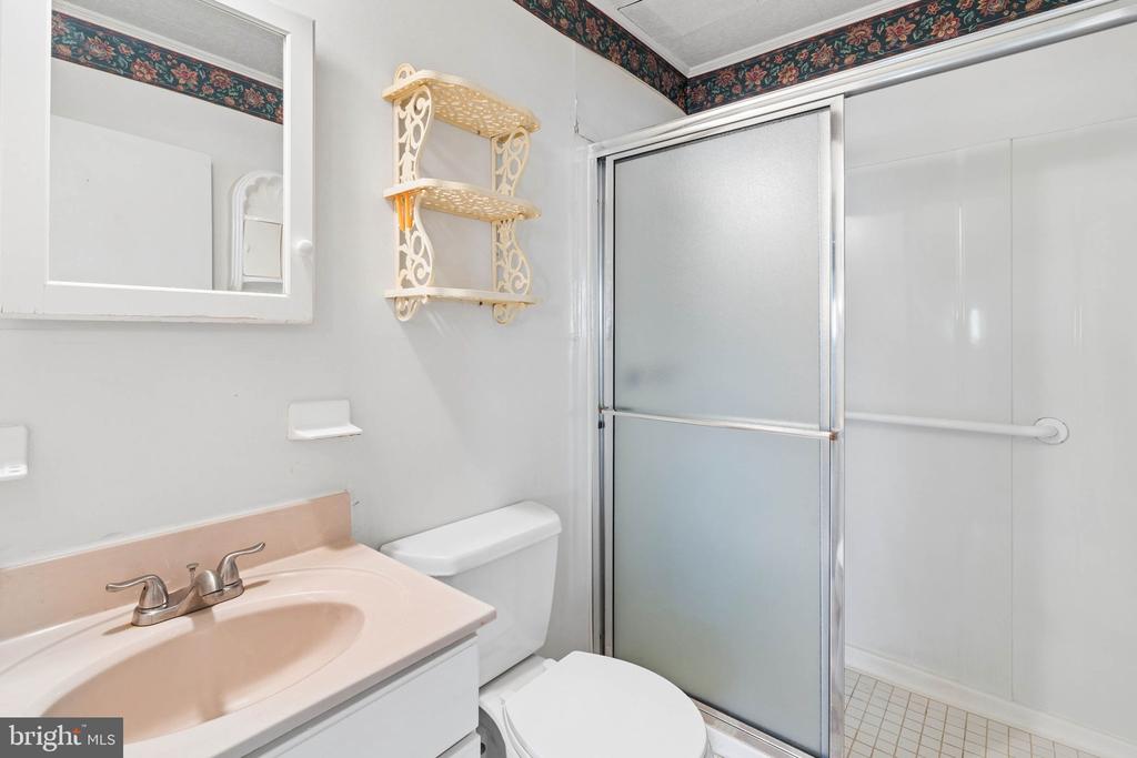 Bathroom with a pink vanity, toilet, frosted-glass shower, and decorative floral border.