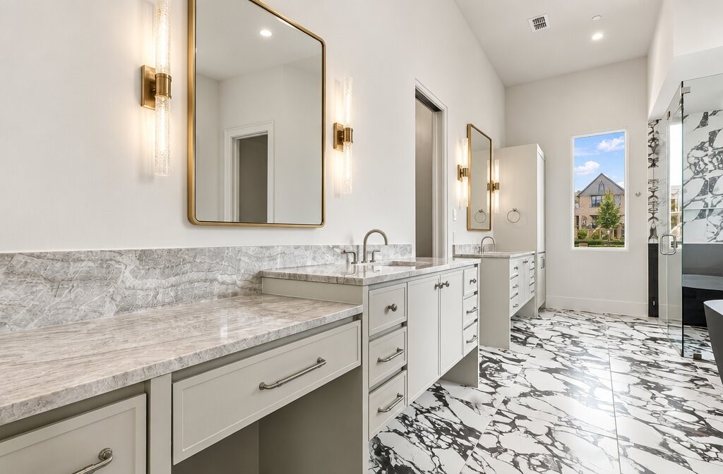 Bathroom with a long double vanity, marble counters, bold floor tile, and glass shower.