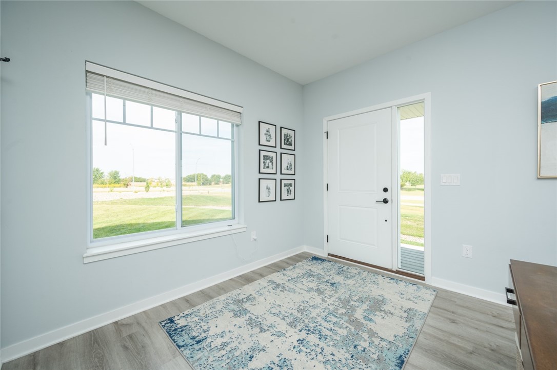 Bright front room with a blue-and-white rug, large window, and front door opening toward the lawn.