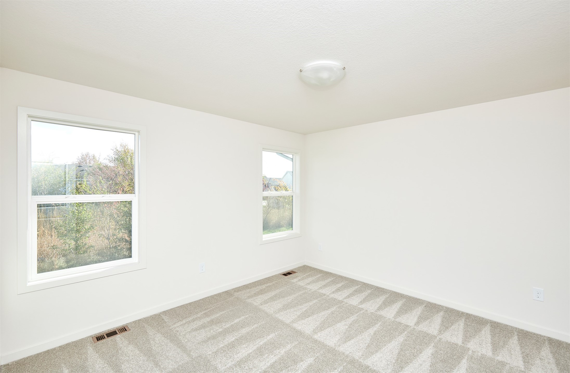 Empty carpeted room with white walls, two windows, and striped daylight shadows.