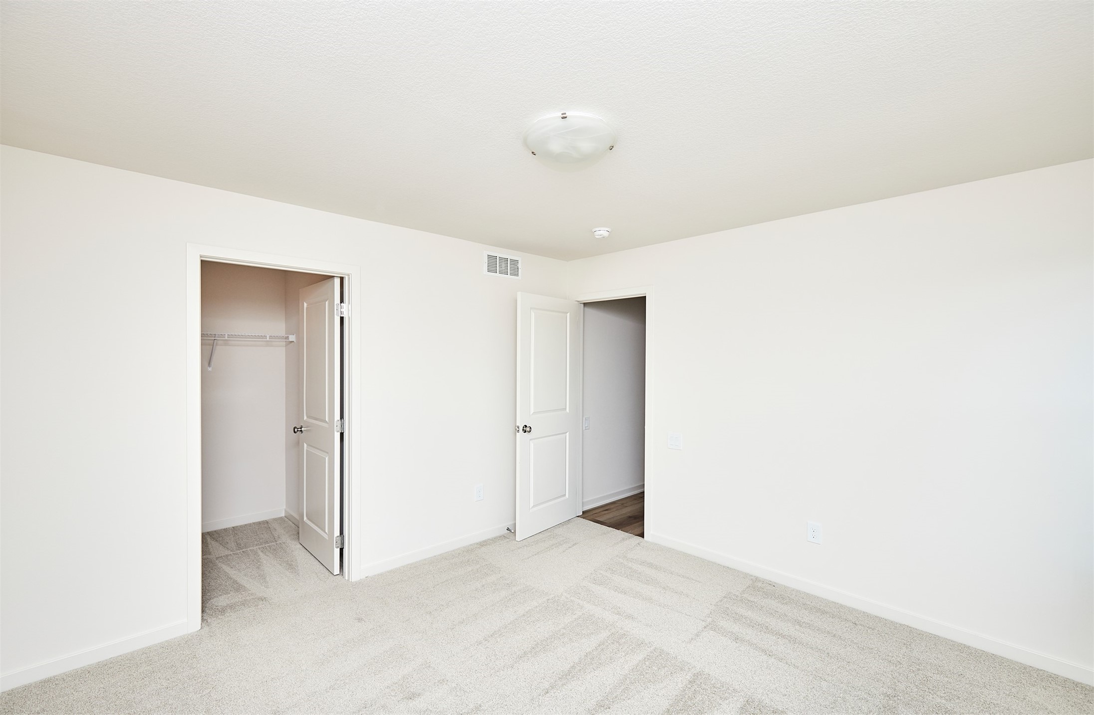 Empty carpeted bedroom with white walls and an open walk-in closet door.