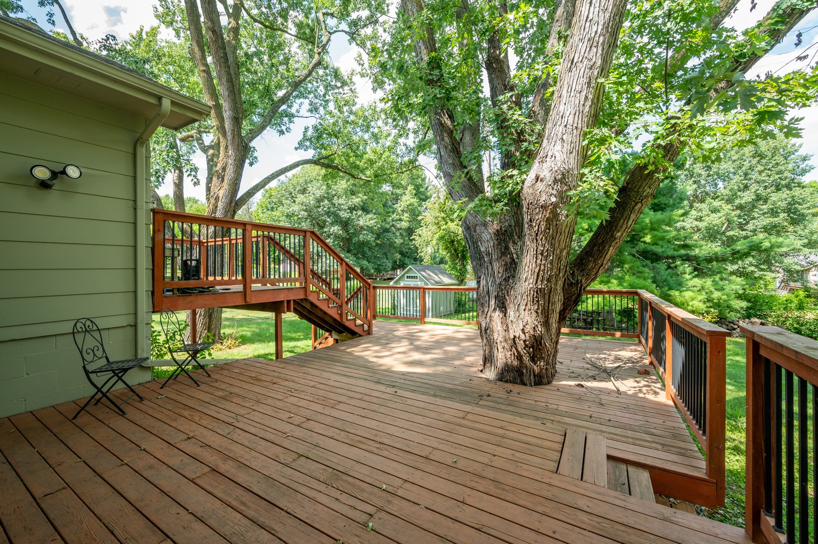 Wooden backyard deck surrounds a mature tree, with stairs and railings overlooking a leafy yard.