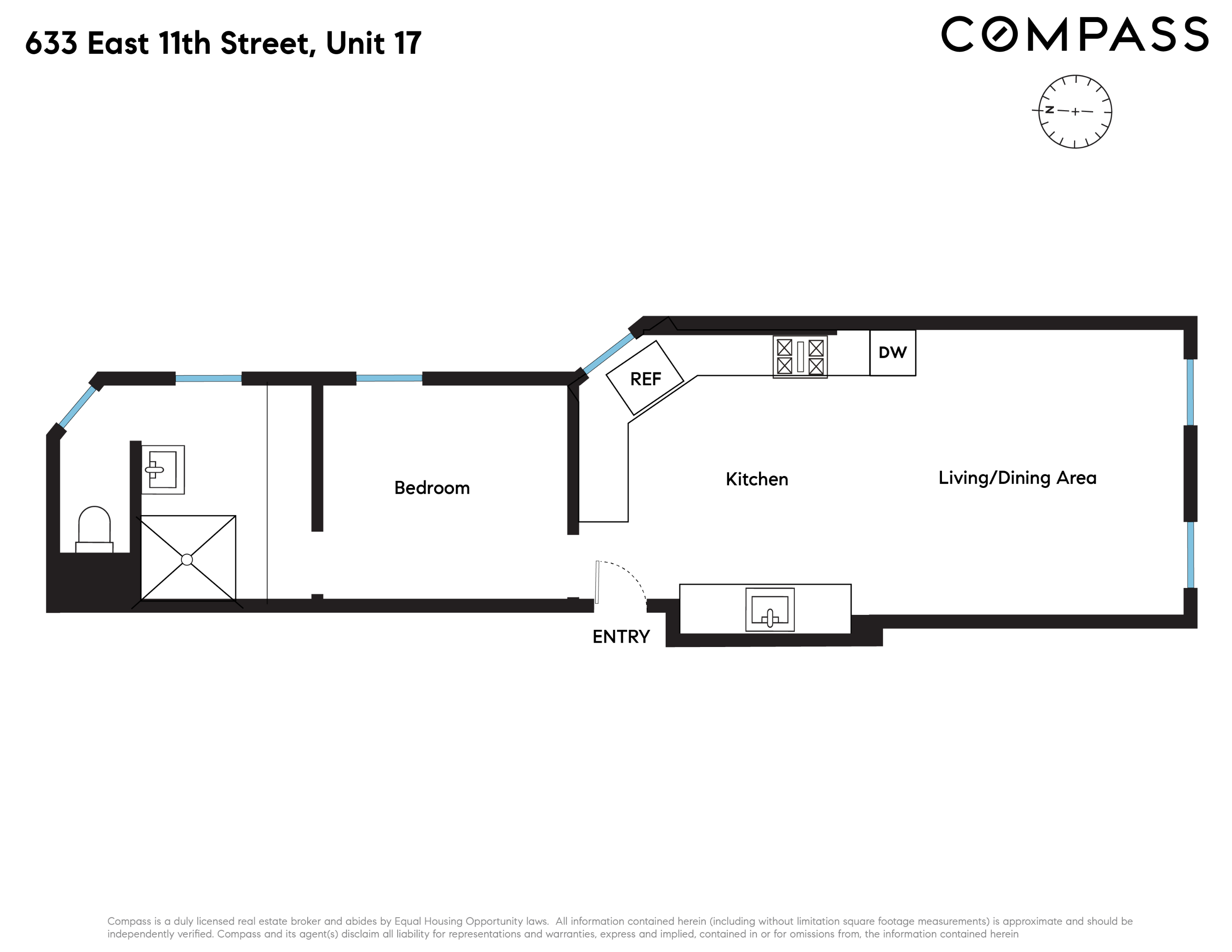 Floor plan of Unit 17 at 633 East 11th Street, with a bedroom, bathroom, kitchen, and living/dining area.